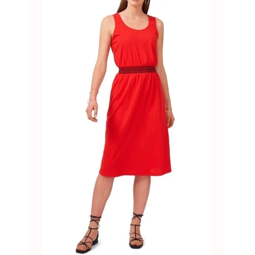 NEW VINCE‎ CAMUTO Sleeveless Red Dress Black Shirred Embroidery Waist Size XXL
